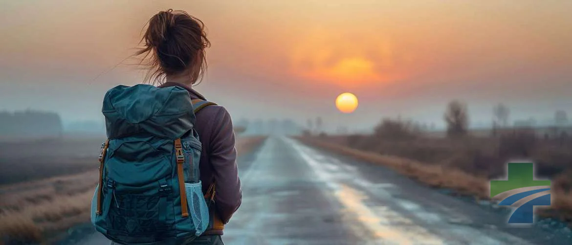 Travel nurse with a single backpack embracing the freedom of minimalist travel at sunrise.