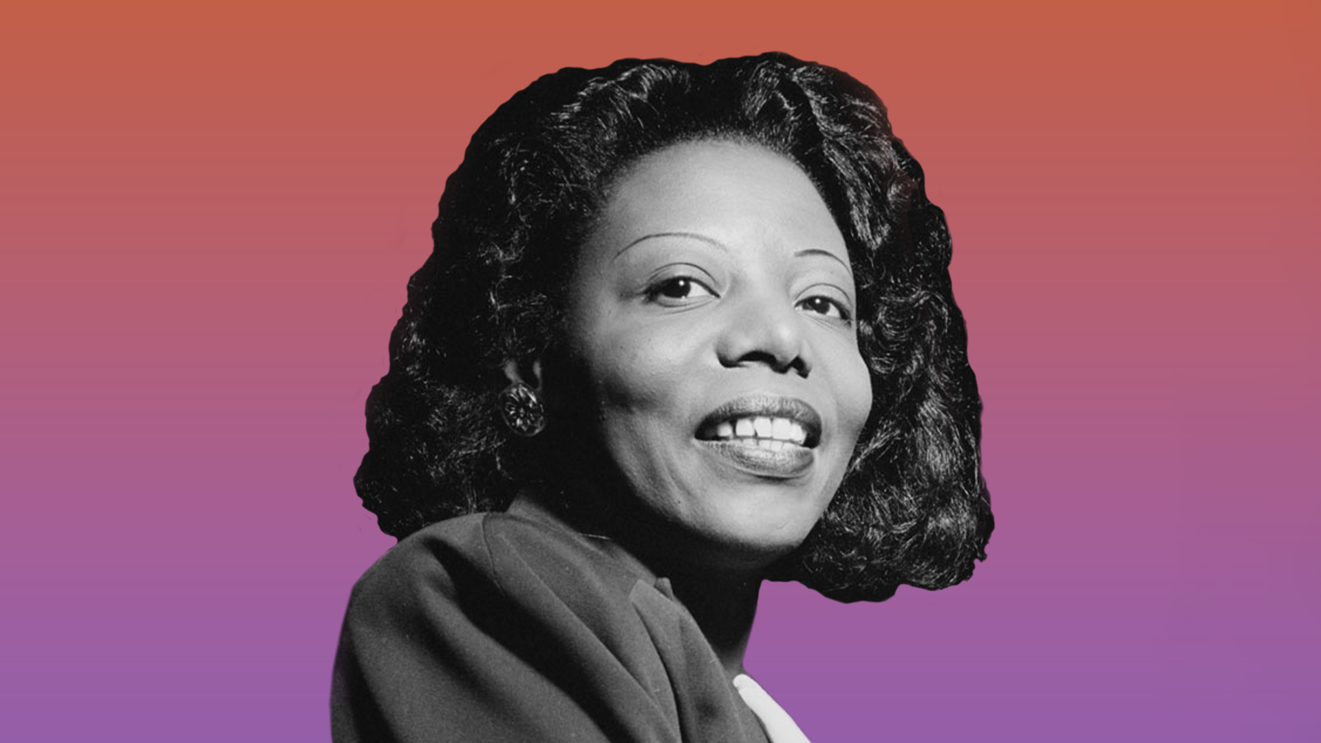 A black and white headshot photo of Mary Lou Williams on a pink gradient background