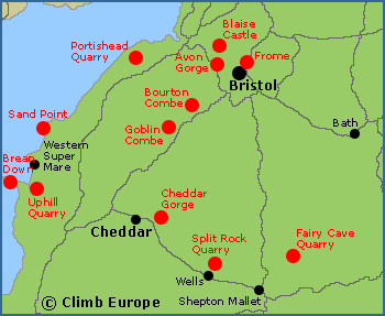 Map of the rock climbing areas around Bristol and Somerset