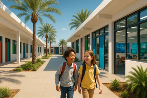 Two diverse elementary students, a boy and a girl, walk together smiling outside a modern school building with palm trees on a sunny day.