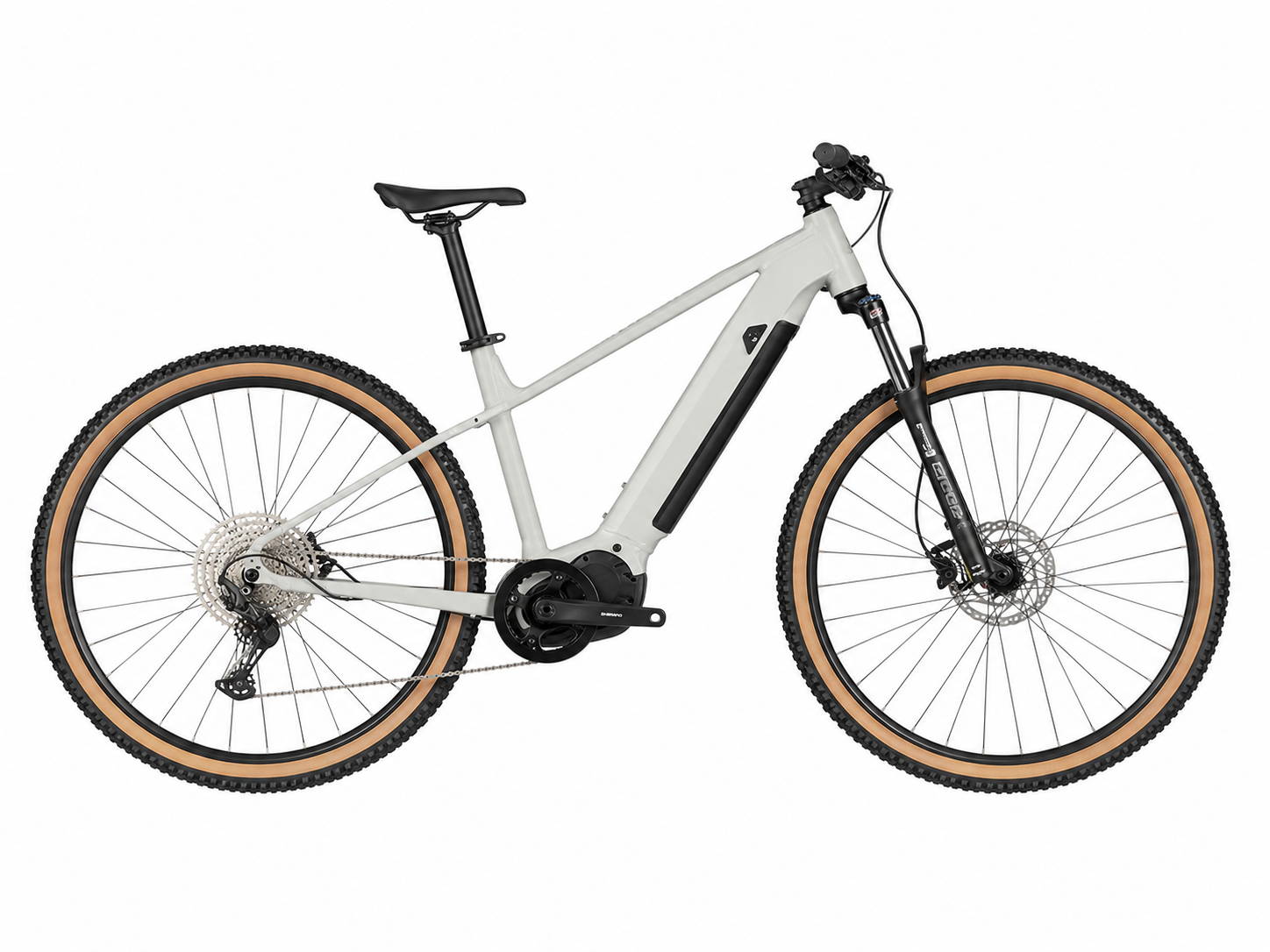 Crivit Peak 709 elektrische mountainbike met hardtail-frame, middenmotor, verende voorvork en brede profielbanden.
