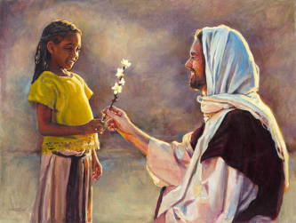 A little girl handing a blossom branch to Jesus.