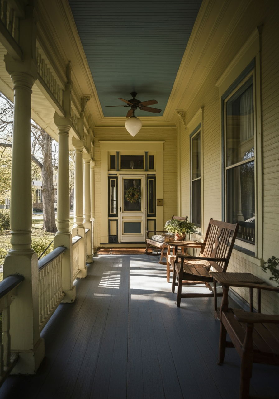A photographic style image of An inviting front porch of a classic American Foursquare home, with period-appropriate details and comfortable seating areas that showcase indoor-outdoor living. high focus, sharp, lots of bright light, extra bright, highly detailed, high quality, dslr, film grain, fujifilm XT3, RAW photo, RAW candid cinema, color graded porta 400, depth of field, hyper realistic, natural-looking, expressive, textured skin, texture, 8k, photorealistic
