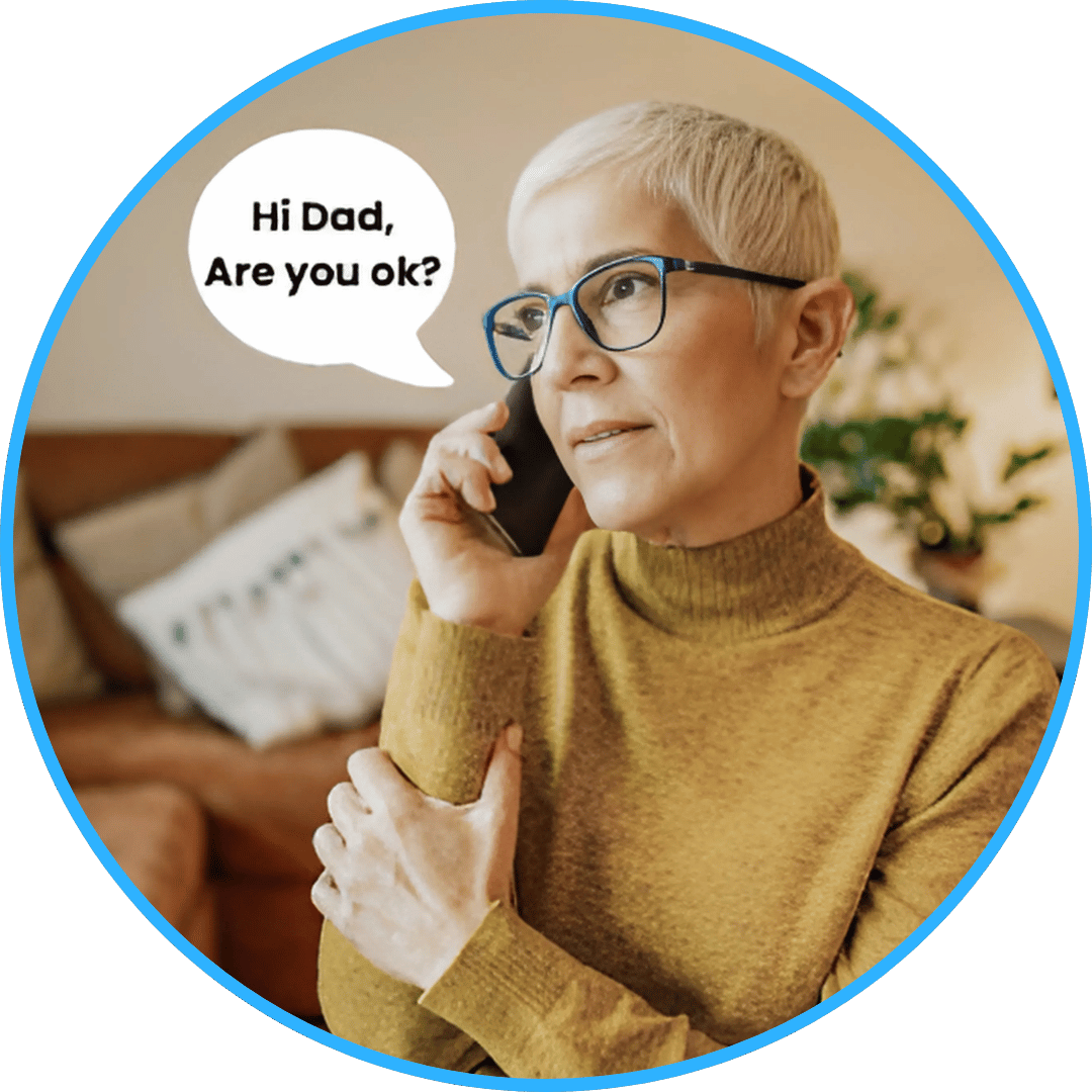 Family member or carer answering a call with 'Are you ok dad?' - Emergency contact receiving voice call from SOS watch alarm after fall detection for fall risk response