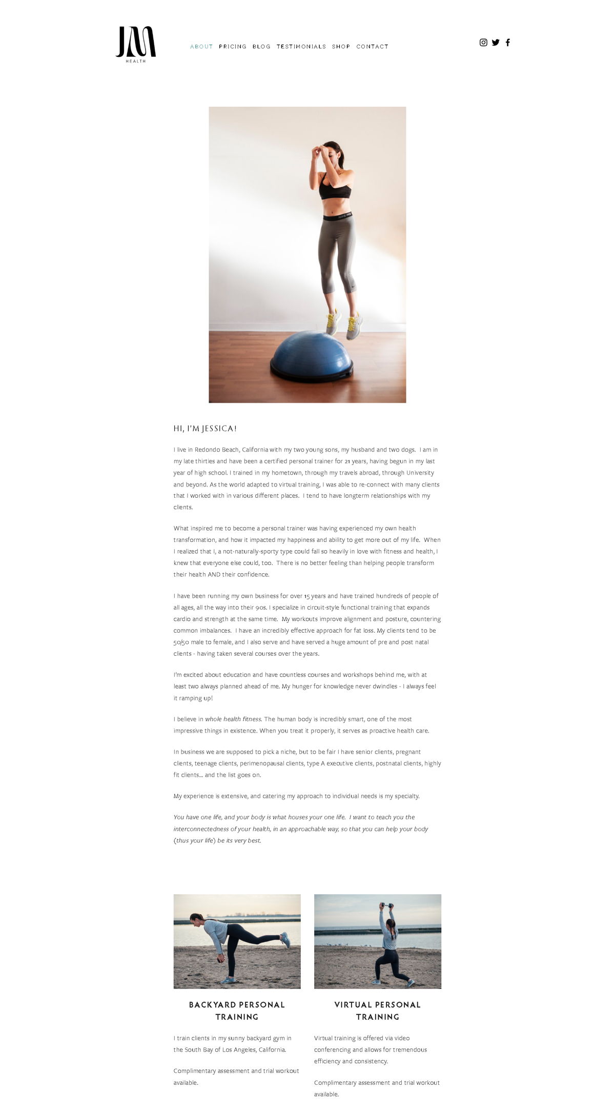 Screenshot of Jessica Manning Health, from the about us page examples collection.