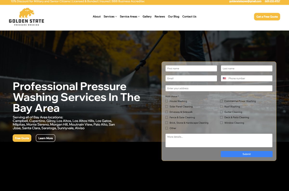 Screenshot of Golden State Pressure Washing, from the pressure washing websites collection.