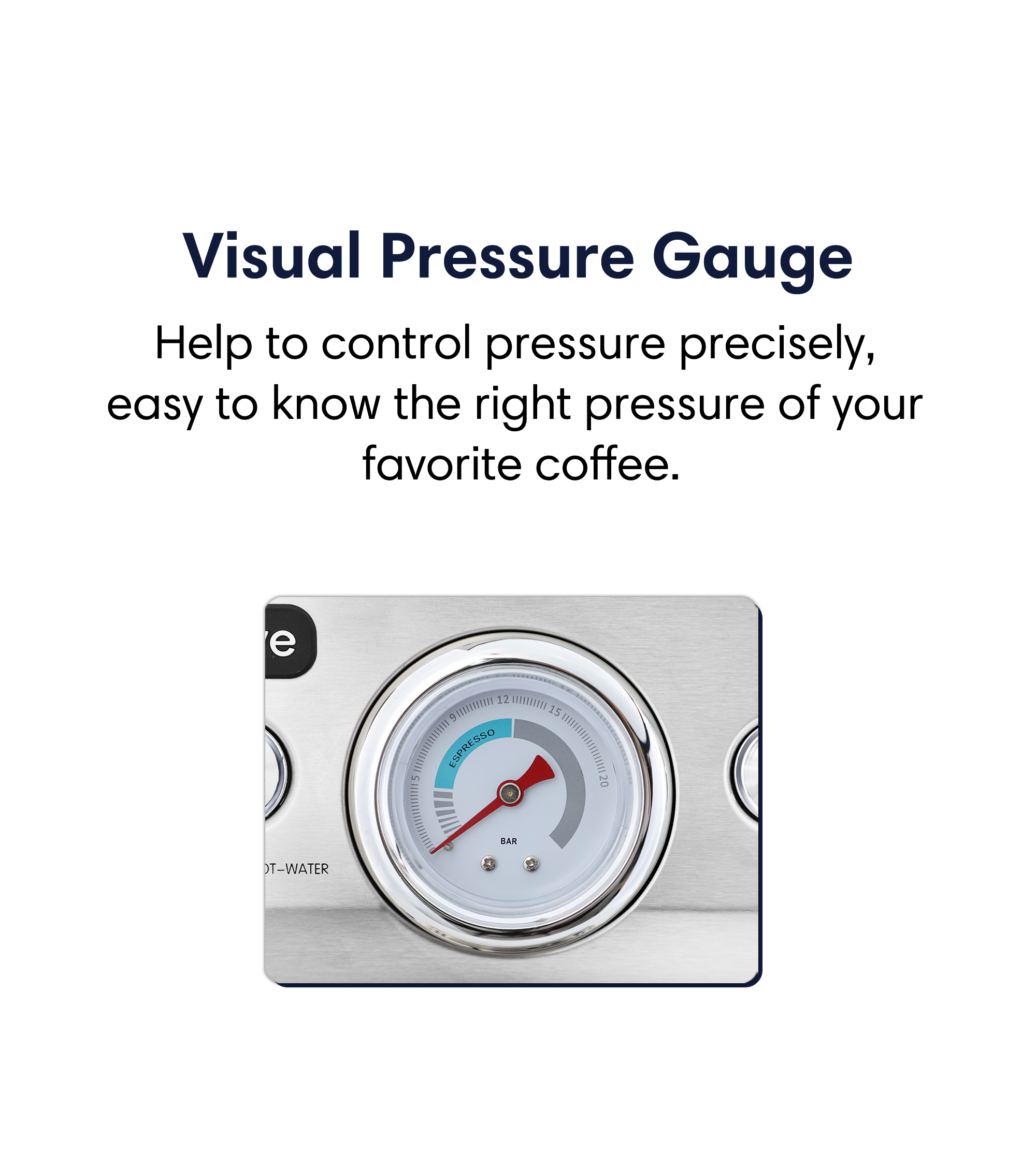 Visual pressure gauge Help to control pressure precisely, easy to know the right pressure of your flavourite coffee.
