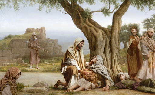 Painting of jesus healing a leper woman sitting against a tree.