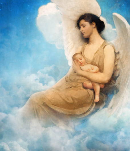 An angel sleeping in the clouds with a baby in her lap.