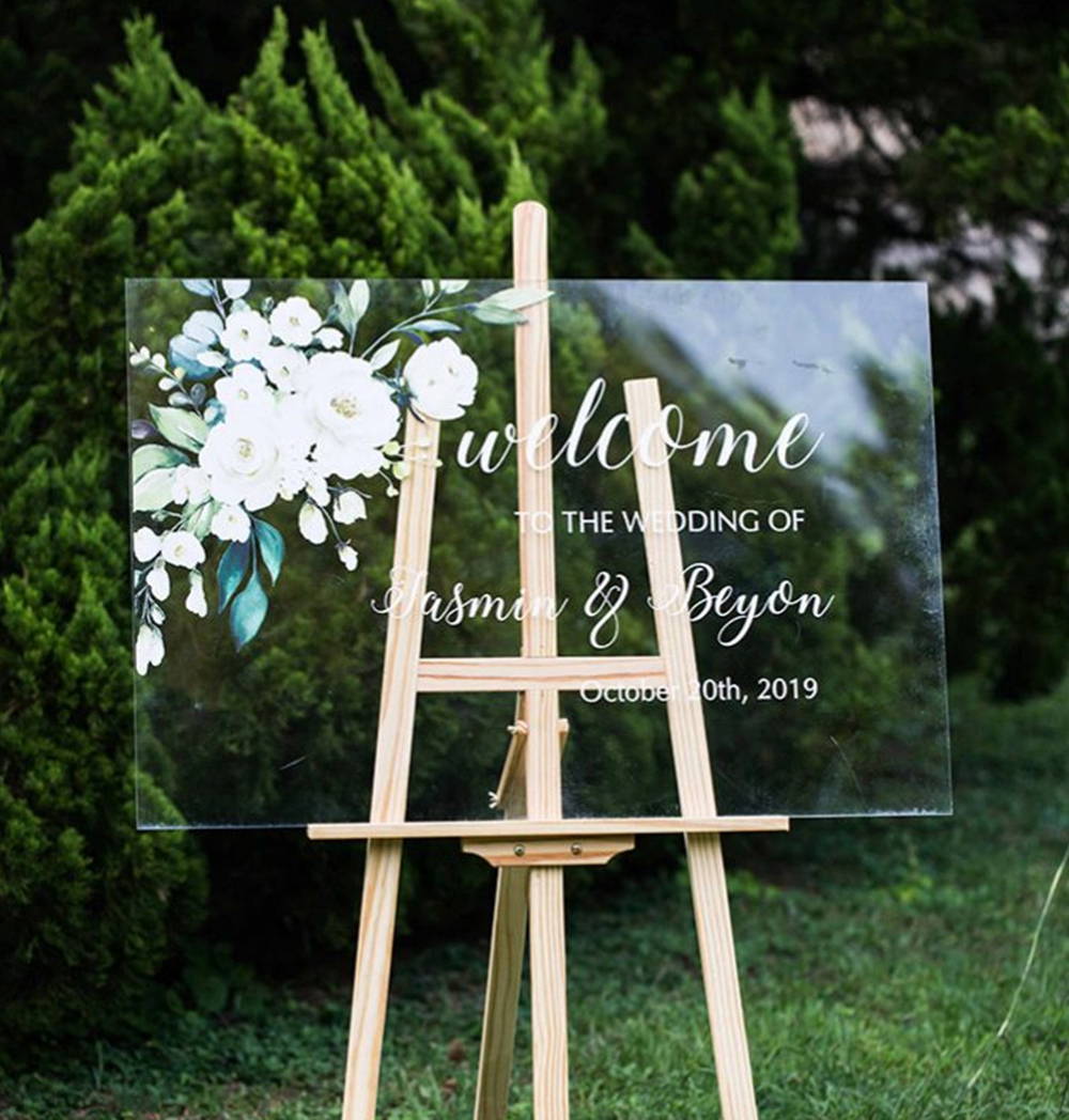 acrylic welcome wedding sign with stand