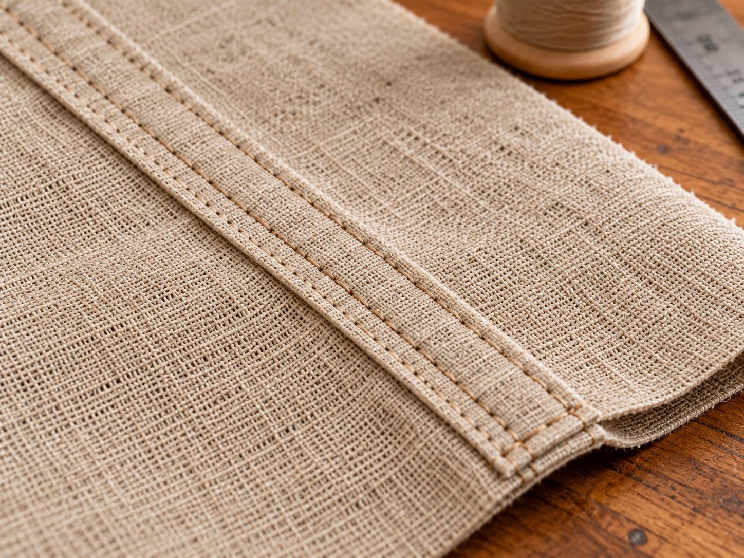 Flat-felled seam with parallel stitching on medium-weight woven hemp fabric