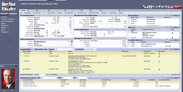 SmartOffice's view of a client, including notes from all conversations, account info, and a photo.