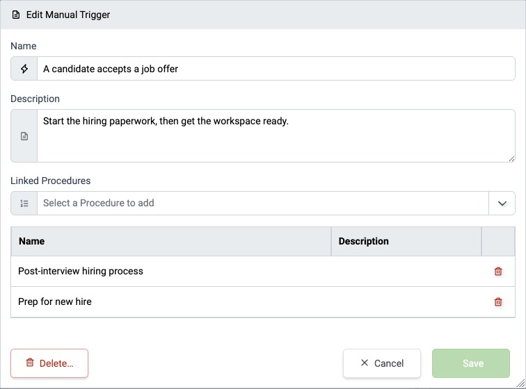 Edit Manual Trigger dialog with two Linked Procedures
