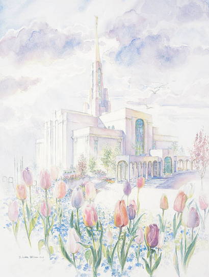 Detailed watercolor painting of the Bountiful Temple with tulips in the foreground.