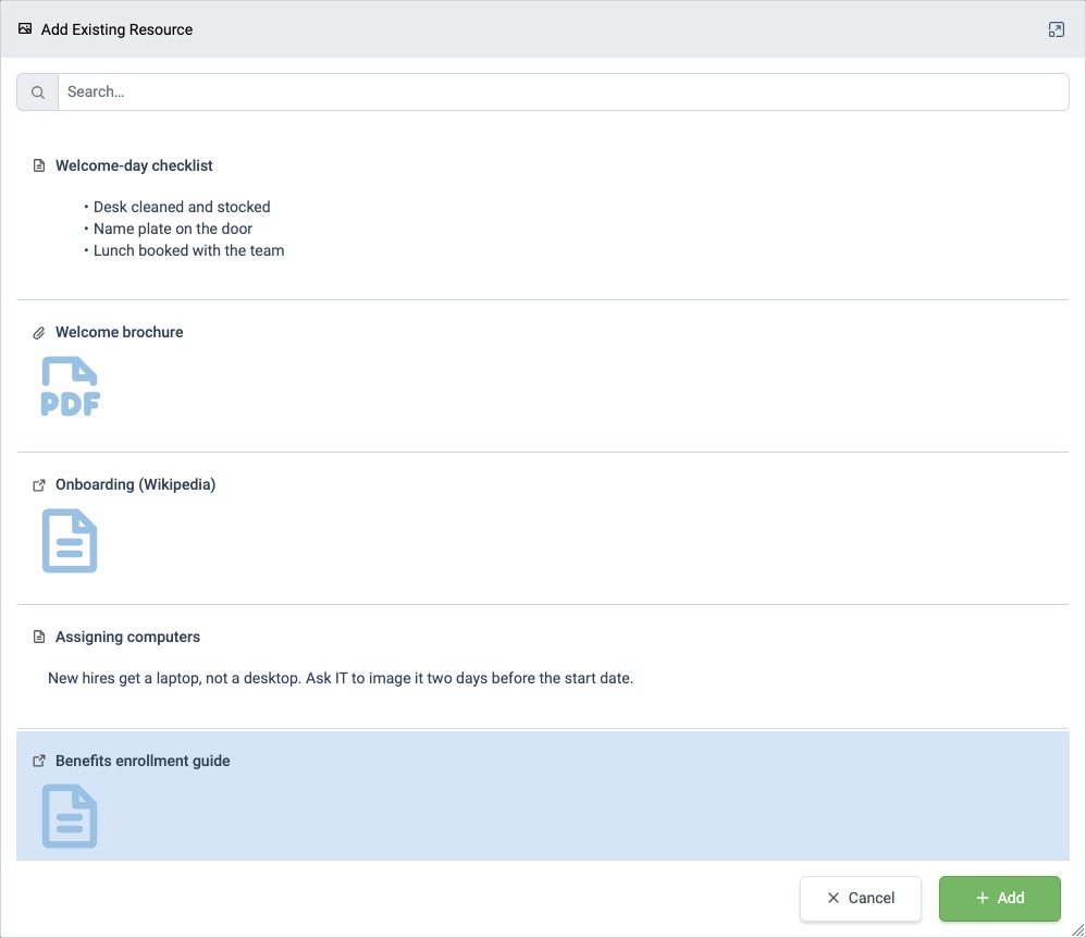 Add Existing Resource dialog with a Resource selected
