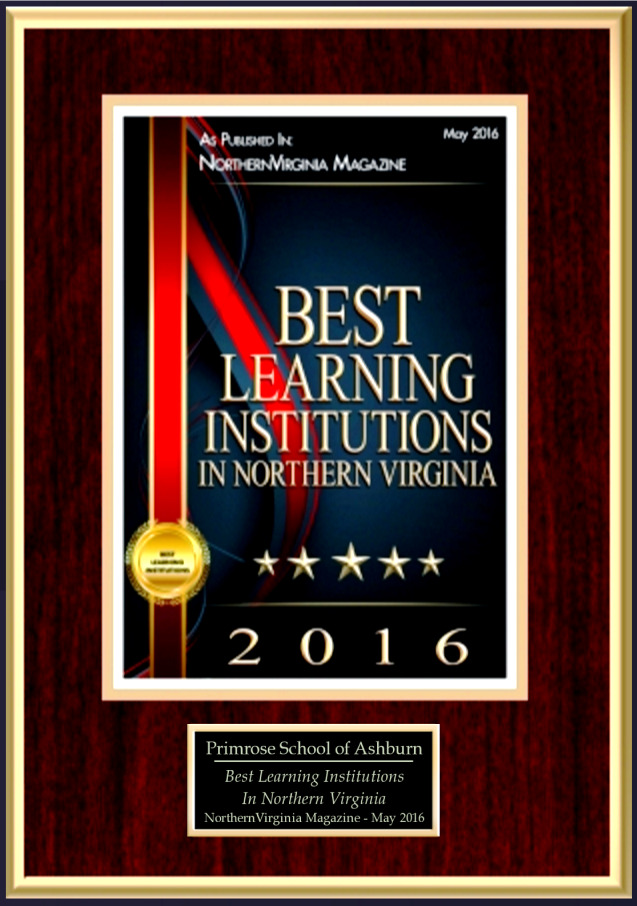 Picture of the plaque for "best learning institutions in Northern Virginia" which was awarded to the school