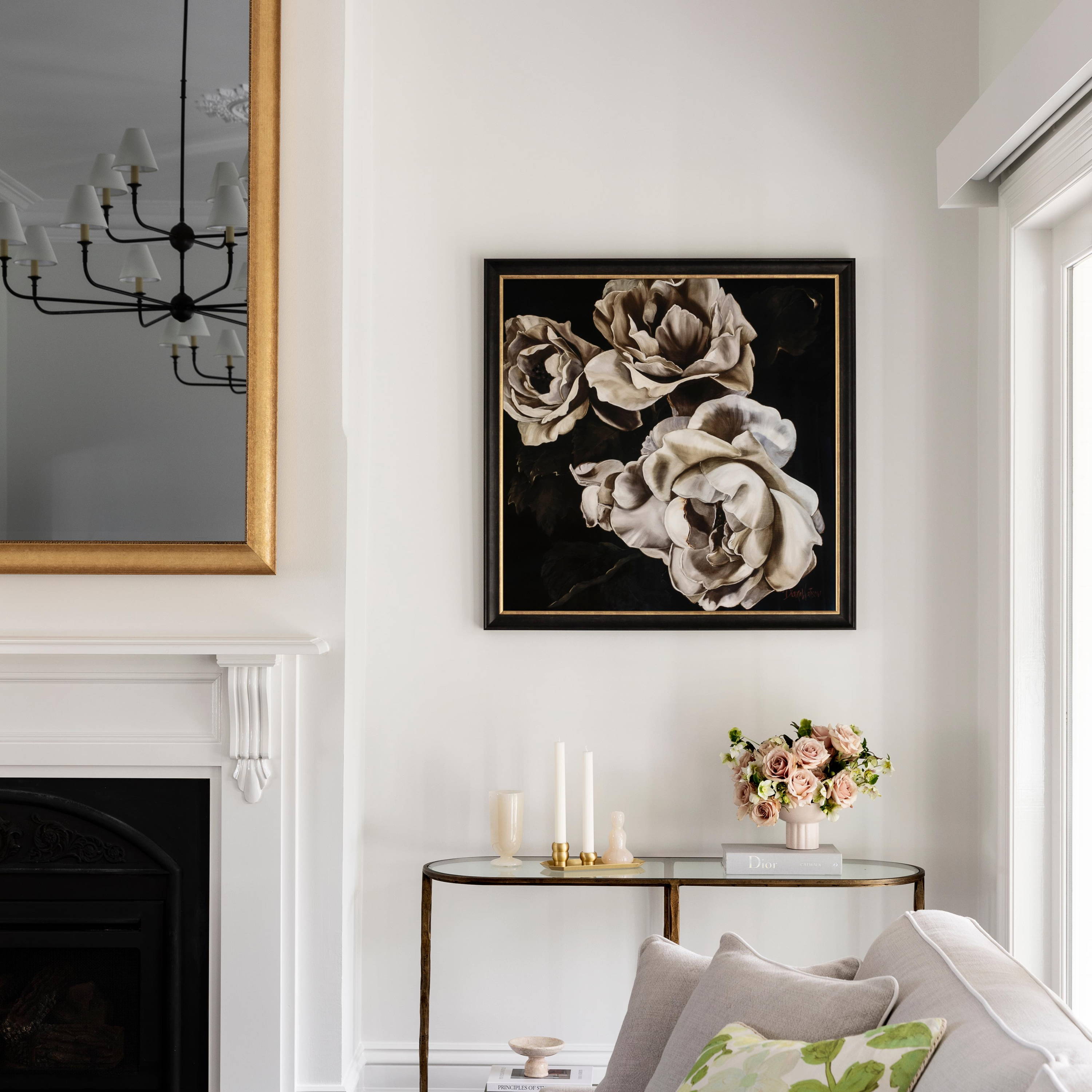 Puglia by Diana Watson - A soft, layered artwork of a garden rose in lilac and grey tones.