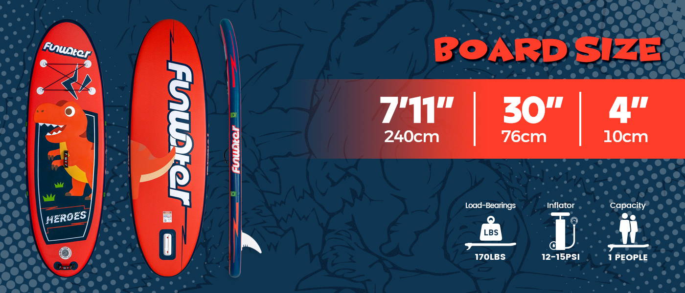Inflatable paddle board Canada 7'11" in length, 30" in width for kids, load-bearings is 170LBS, inflator is 12-15PSI, capacity is 1 people