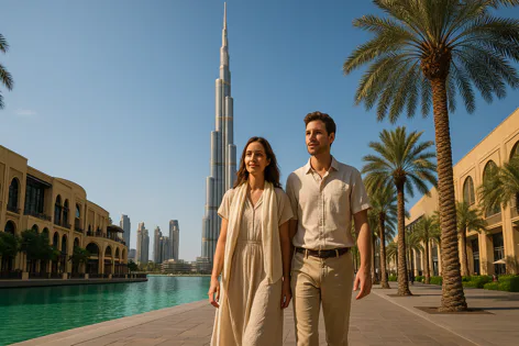A couple walks along a sunny waterfront promenade in Dubai, with the iconic Burj Khalifa skyscraper, modern buildings, and palm trees in the background.