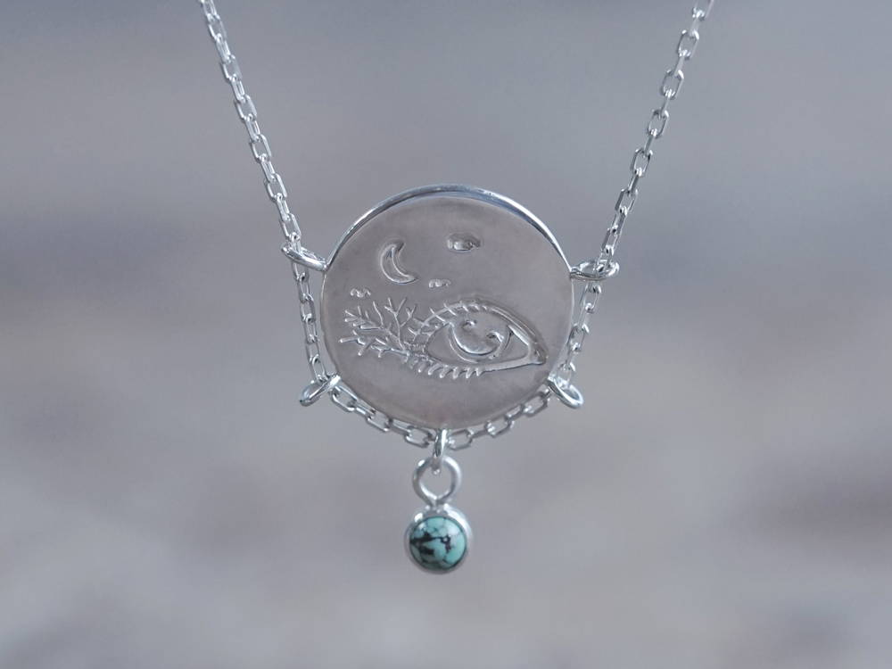 ethical-silver-coin-pendant-necklace-birthstone-dangling-under-coin