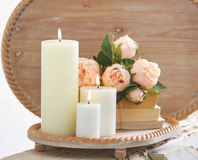 Battery Operated Pillar Candles on Wooden Tray