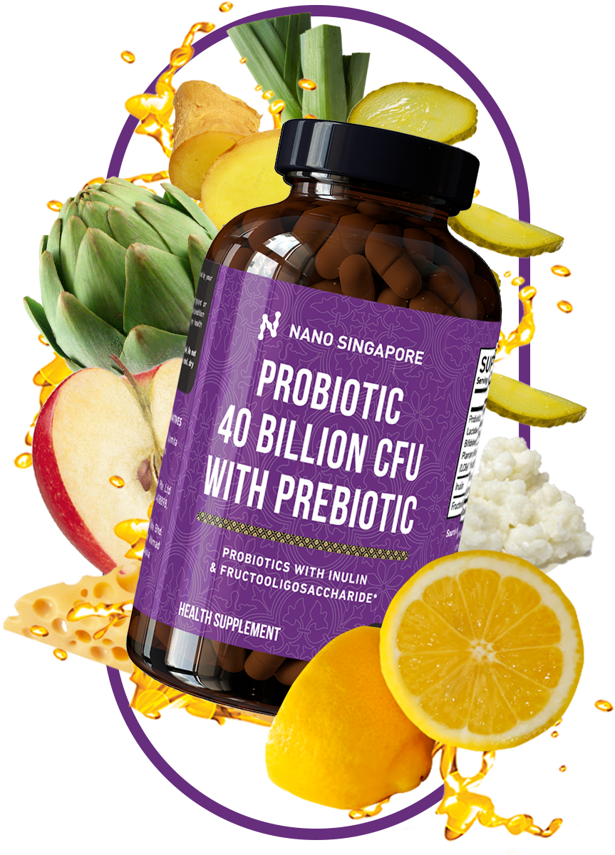 A bottle of Nano Singapore's best probiotic supplement surrounded by fruit