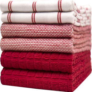 Premium Kitchen Towels (20”x 28”, 6 Pack) – Large Cotton Kitchen Hand Towels – Flat & Terry Towel – Highly Absorbent Tea Towels Set with Hanging Loop (Red Check)