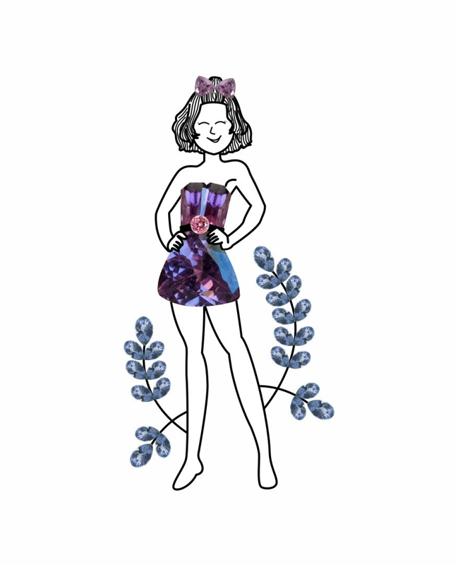 An illustration of a woman wearing spinel stones dress