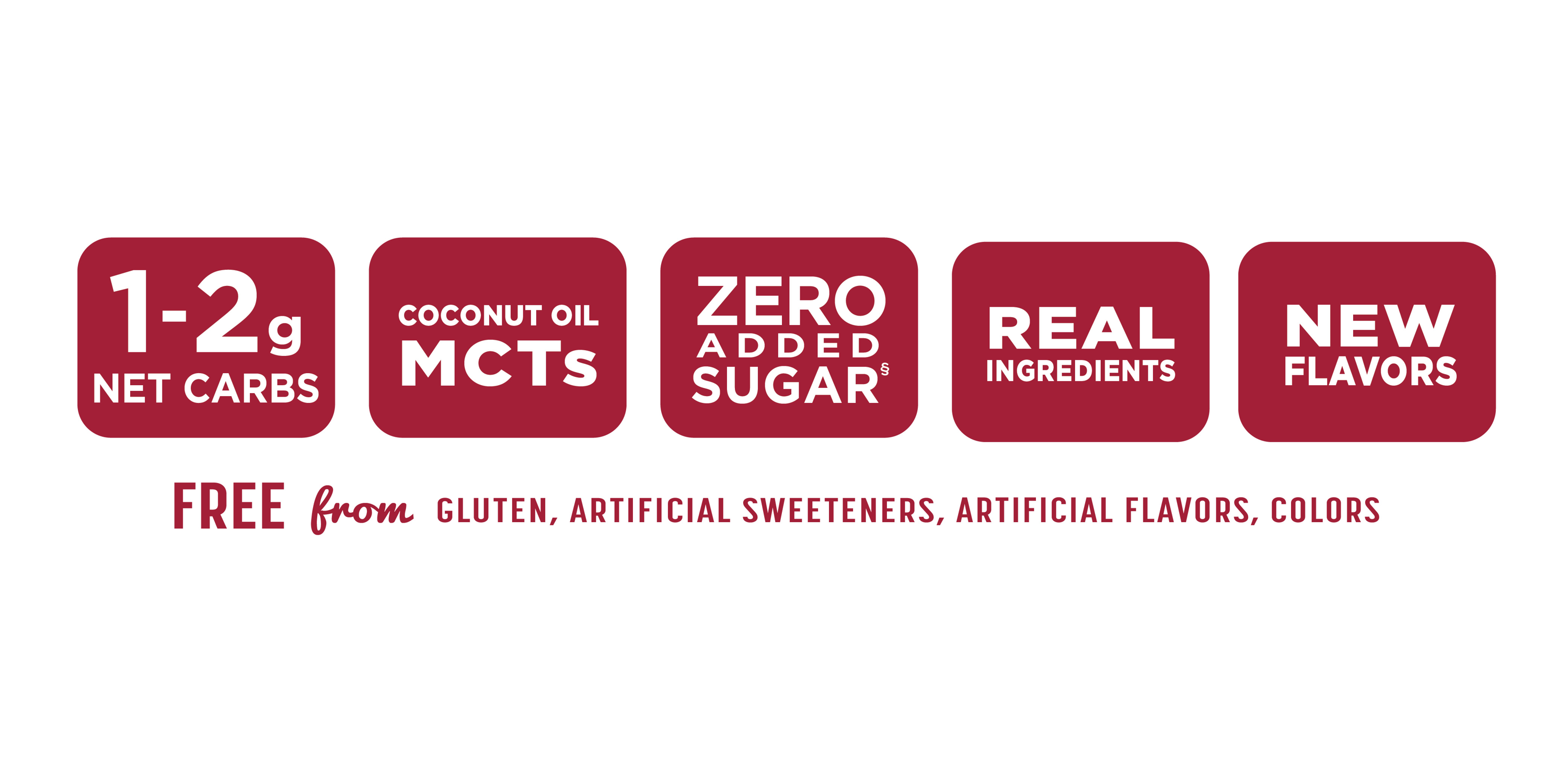 1-2g net carbs, coconut oil MCTs, zero added sugar, real ingredients, new flavors- Free from gluten, artificial sweeteners, colors