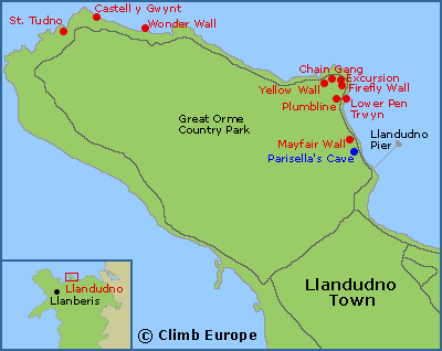 Map of the main rock climbing areas on the Great Ormes near Llandudno