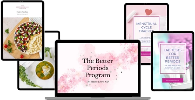 Various devices showing health program visuals: meal, menus, and "The Better Periods Program" title.