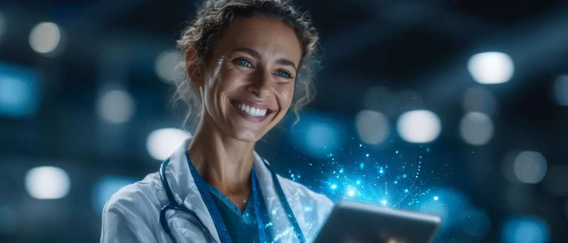 Healthcare professionals collaborating in a futuristic hospital with dark blue and green tones.