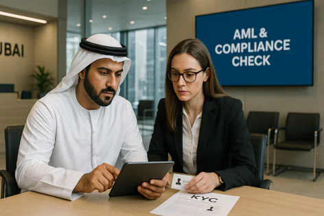 A man in traditional clothing and a woman in a suit review documents and a tablet in an office during an AML and compliance check.