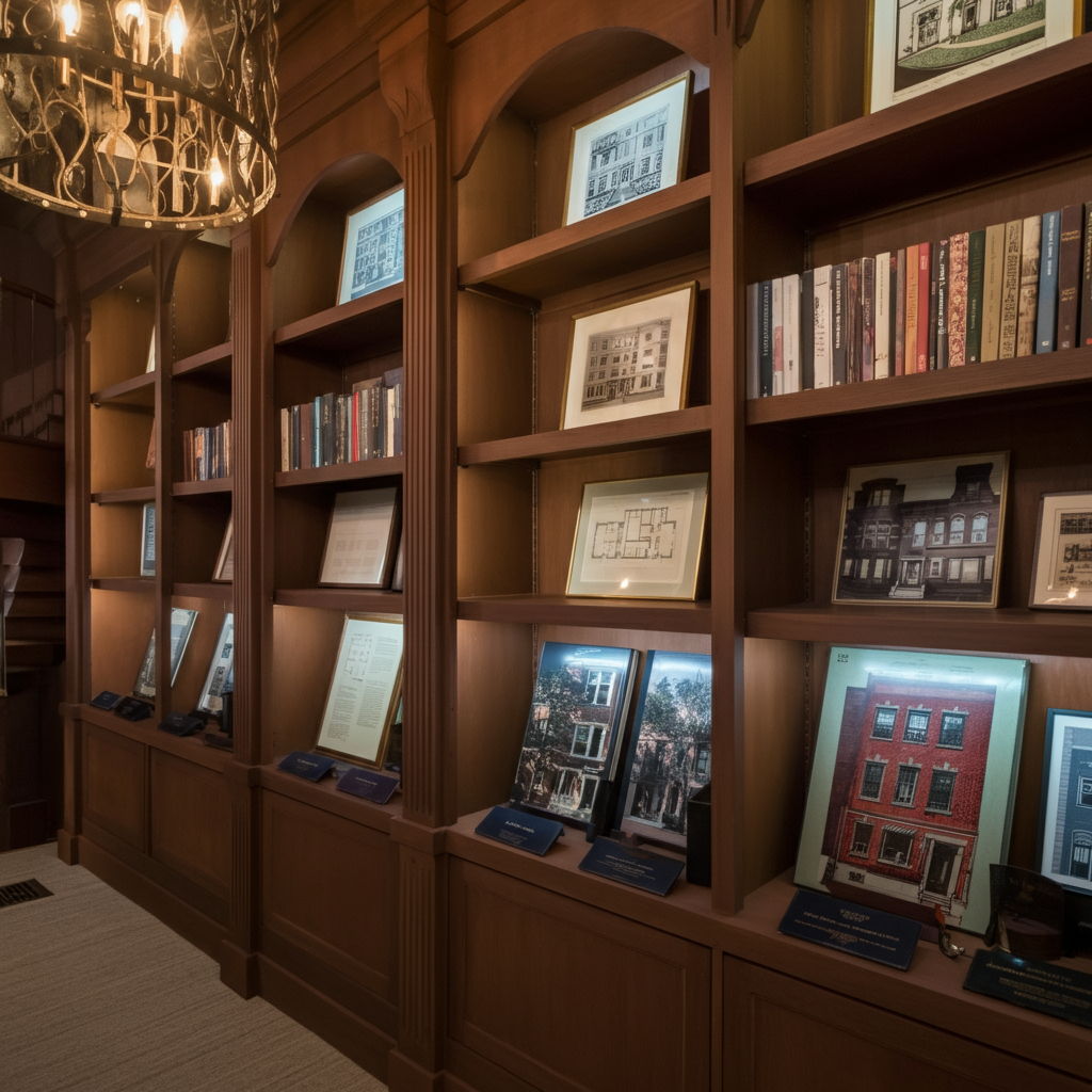 Lincoln Park brownstone library with comprehensive property documentation elegantly displayed, including architectural plans, historical information, and neighborhood guides that address sophisticated buyers' questions.
