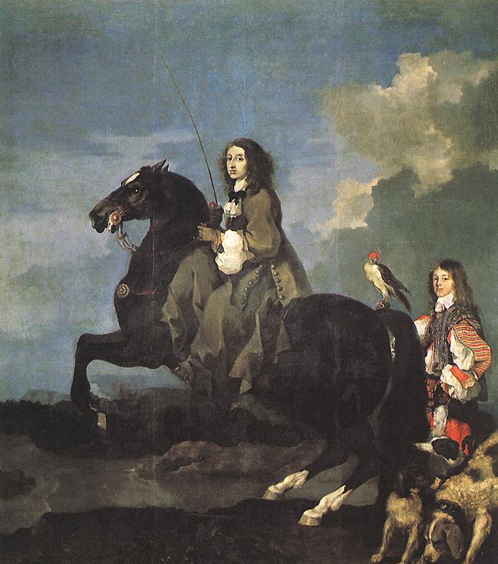 Painting of queen Kristina, posing with a rapier, on horseback near a river with others behind her.