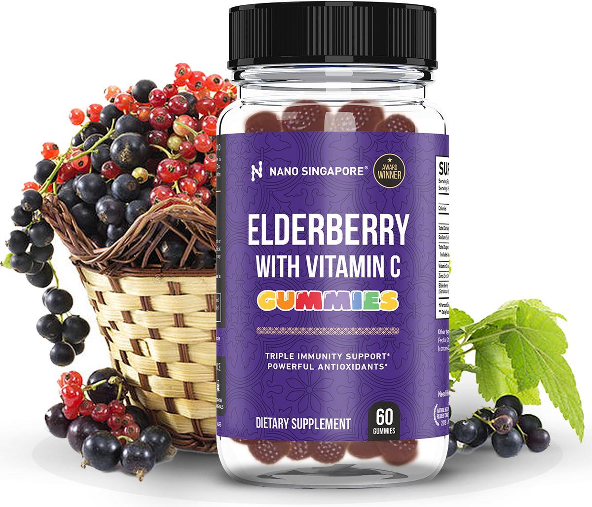 a bottle of our best elderberry gummy supplement surrounded by elderberry fruits