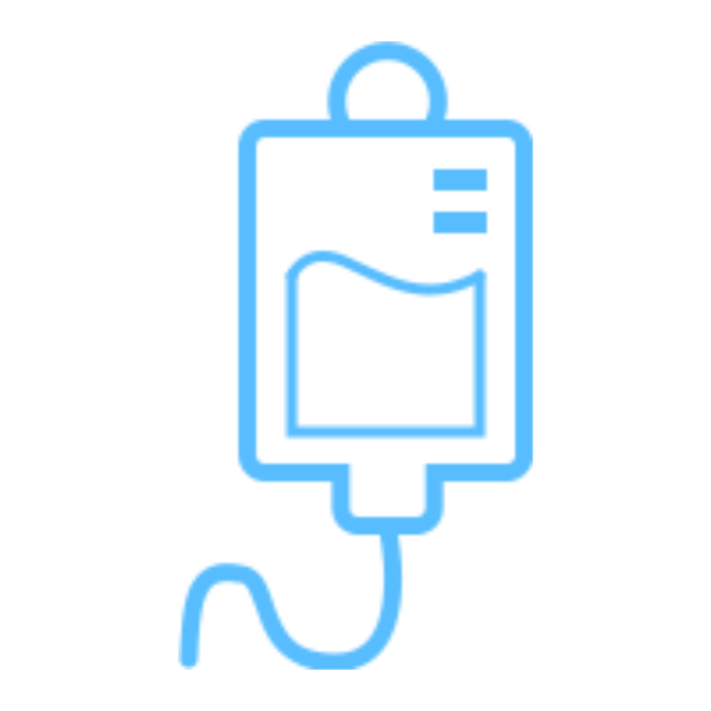 IV drip bag icon with a hanging bag and tubing, blue outline on black background.