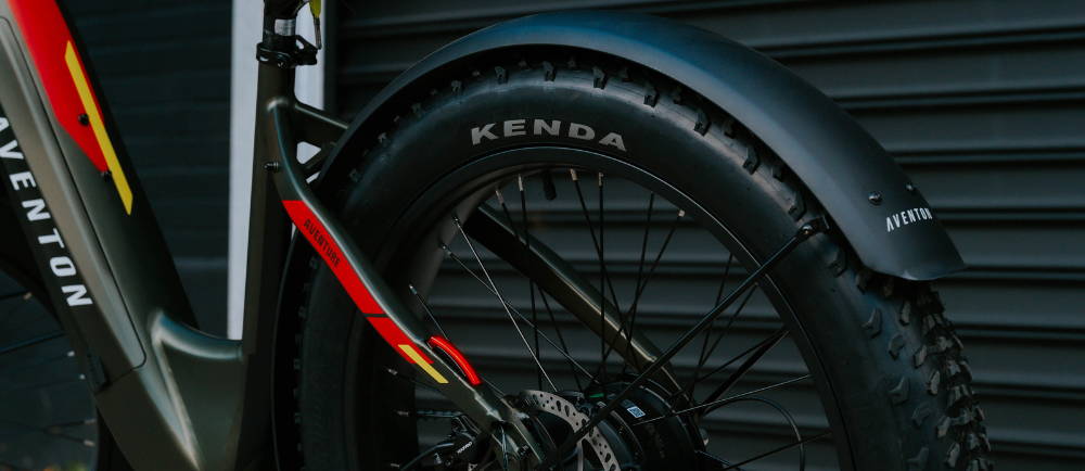 Close up on rear wheel of Aventon Aventure electric bike