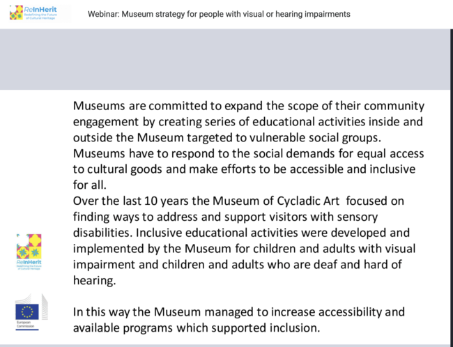Museum strategy for people with visual or hearing impairments: In Touch with the Cycladic Civilization, a case study by the Museum of Cycladic Art