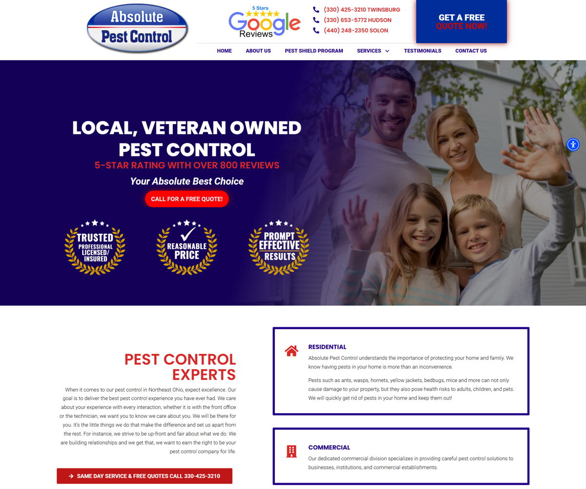 Screenshot of Absolute Pest Control, from the pest control websites collection.