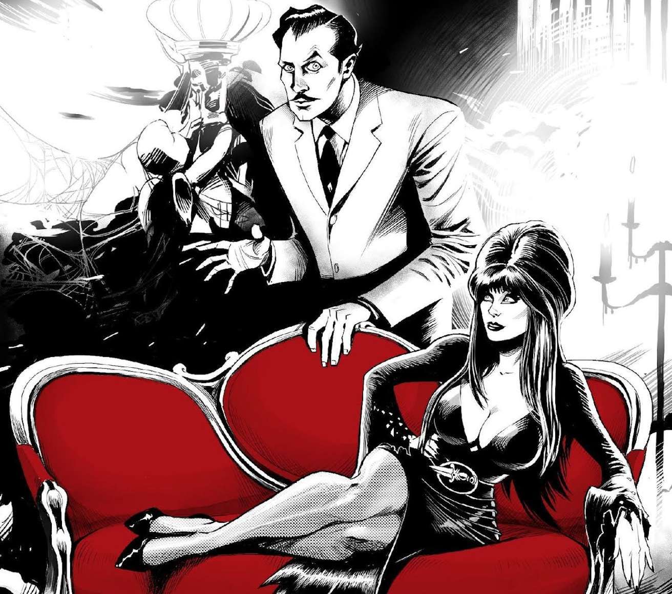 Illustration from the comic where Elvira is lying on a dark red couch posing while vincent price is behind the couch with a suit and a spooky pose. Aside from the couch everything else is in black and white.