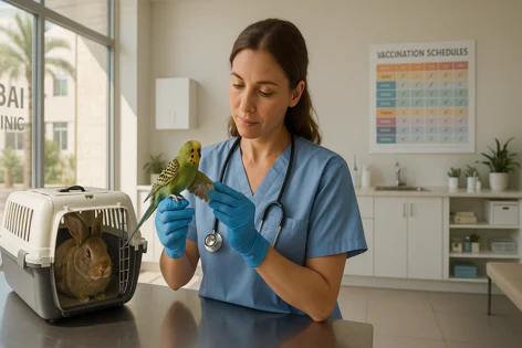 A veterinarian in blue gloves gently holds a green budgie in a clinic exam room with a brown rabbit in a carrier nearby.