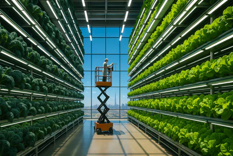 Rows of vibrant green broccoli and lettuce grow under lights in a large indoor vertical farm. A worker on a lift tends to plants overlooking a city.