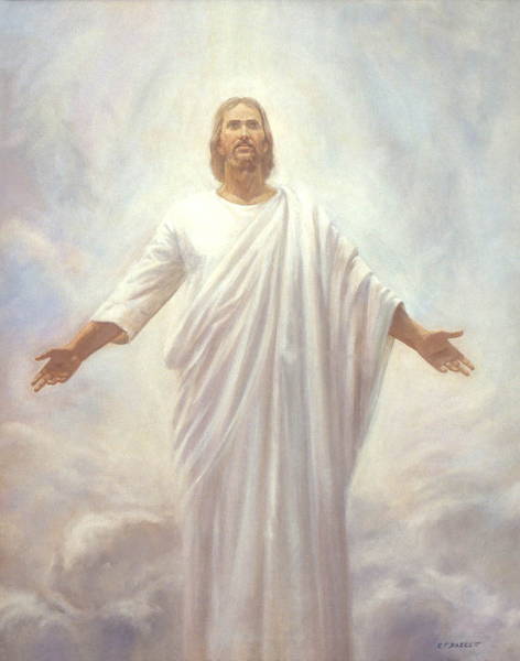 Painting of Jesus wearing a white robe and surrounded by clouds.