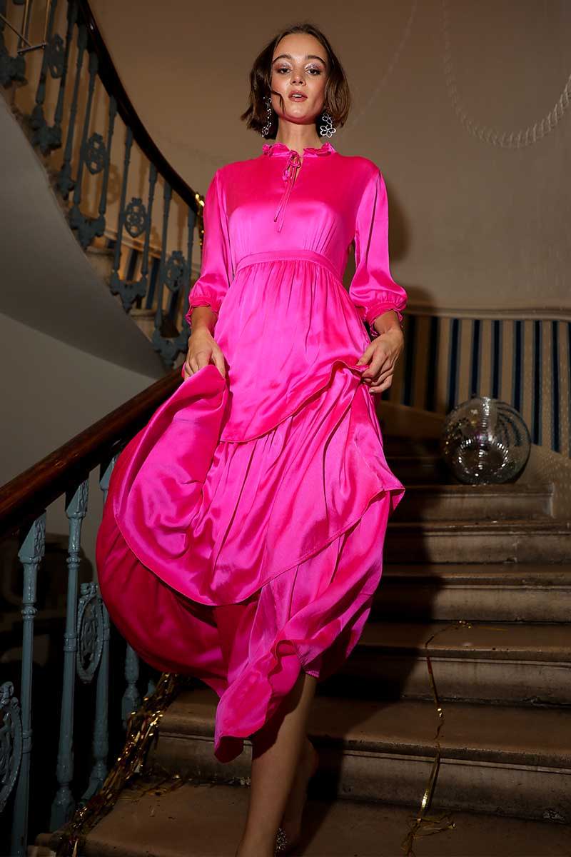 YOLKE's Hot Pink Tiered Evie Silk Dress 