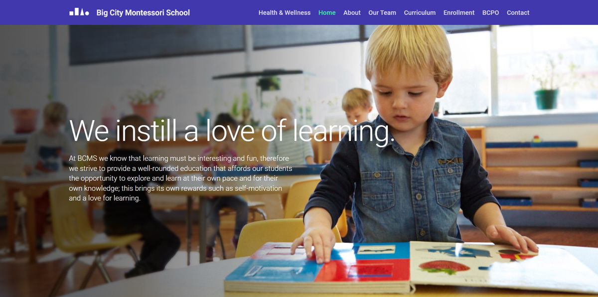 Screenshot of Big City Montessori School, from the childcare & daycare websites collection.