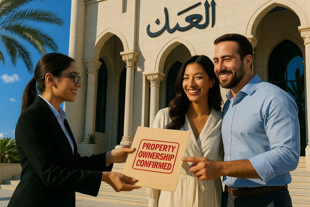 Real estate agent hands a 'PROPERTY OWNERSHIP CONFIRMED' document to a smiling man and woman outside a building with arches and Arabic script, celebrating a successful property purchase.