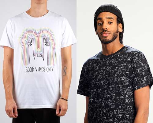 Man wearing white organic cotton t-shirt with colourful rainbow good vibes only print with a man doing the peace sign and man wearing organic cotton black t-shirt with a multiple faces design in white, both tees from sustainable fashion brand Dedicated 