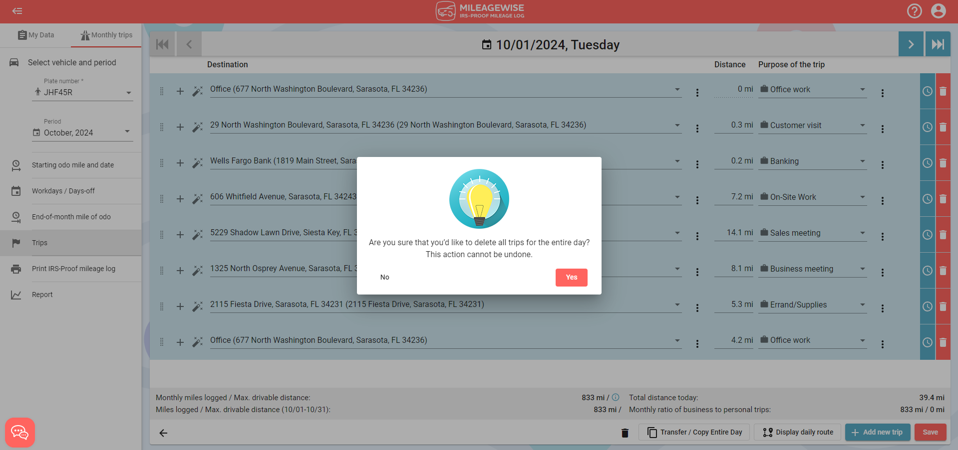 delete all trips for the day