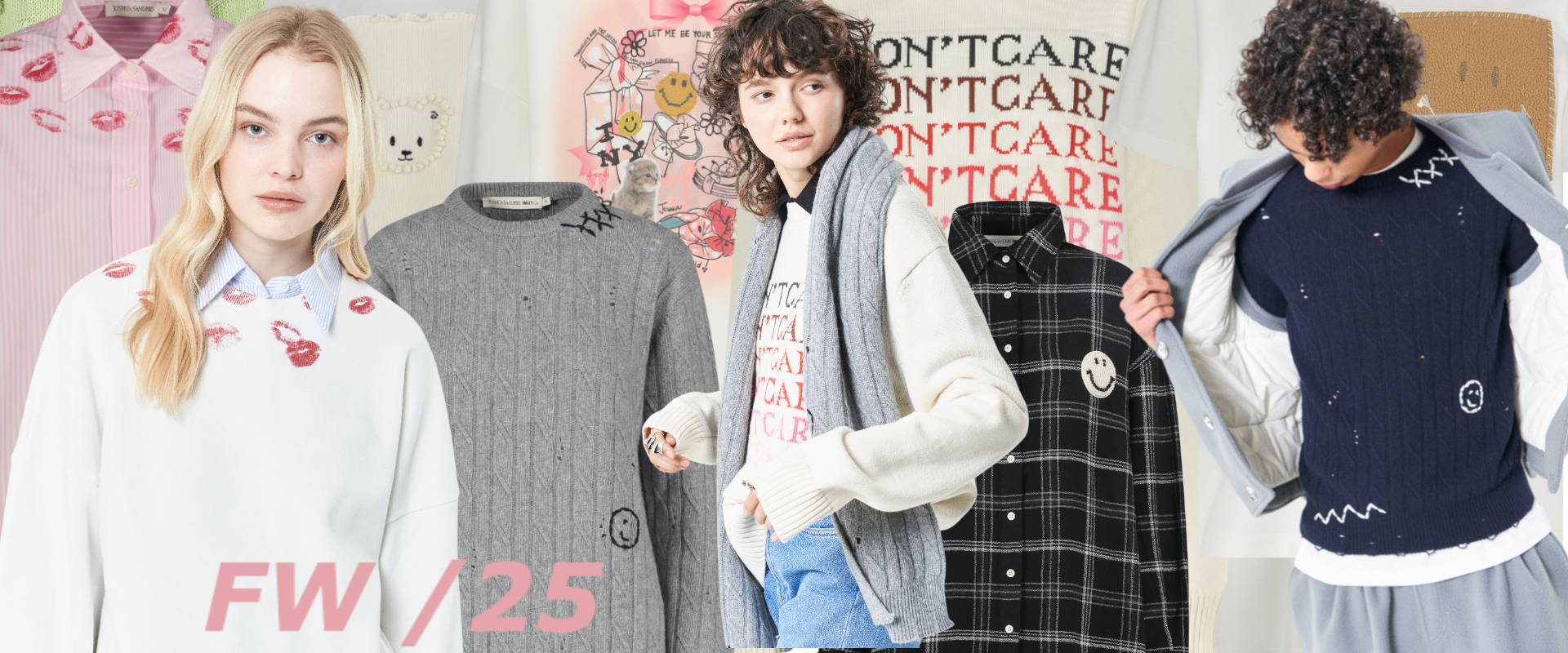 Banner with model wearing joshua sanders fw25 collection. Fw25 products on the background. 